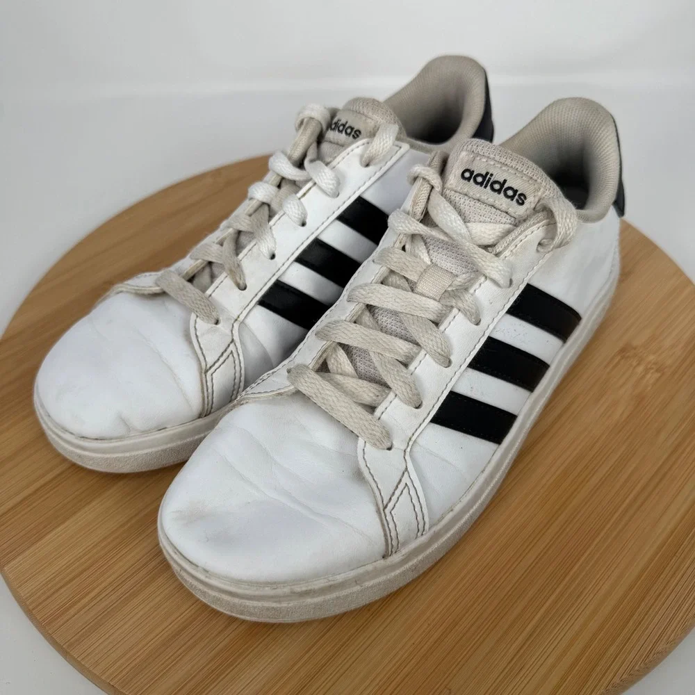 Adidas Grand Court Shoes White‎ Black Stripes Lace Up Sneakers US 4 UK 3.5